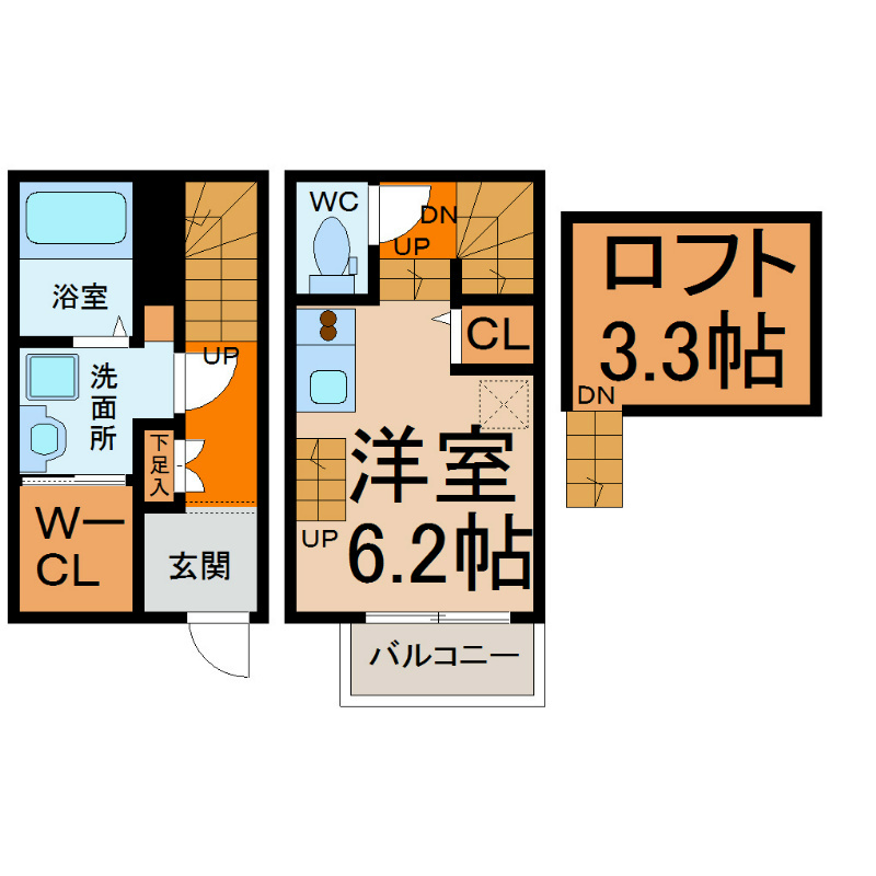 メゾン生駒町 間取図　洋室6.2帖　ロフト3.3帖