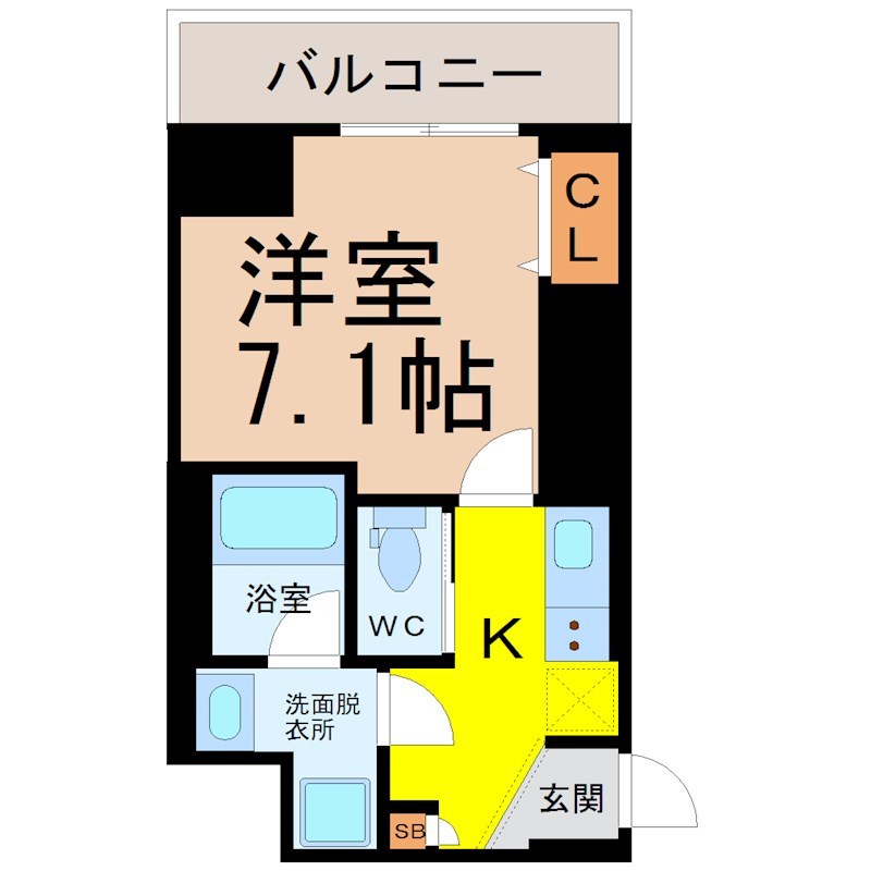 ＩＥ伏見 間取り　洋室7.1帖　脱衣洗面所　バルコニー