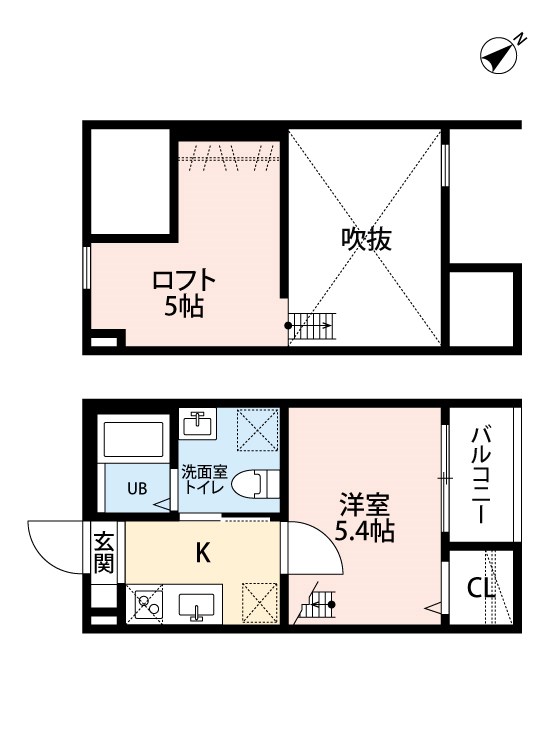 シャテーニュ 間取図　洋室5.4帖　ロフト5帖　脱衣洗面所　バルコニー