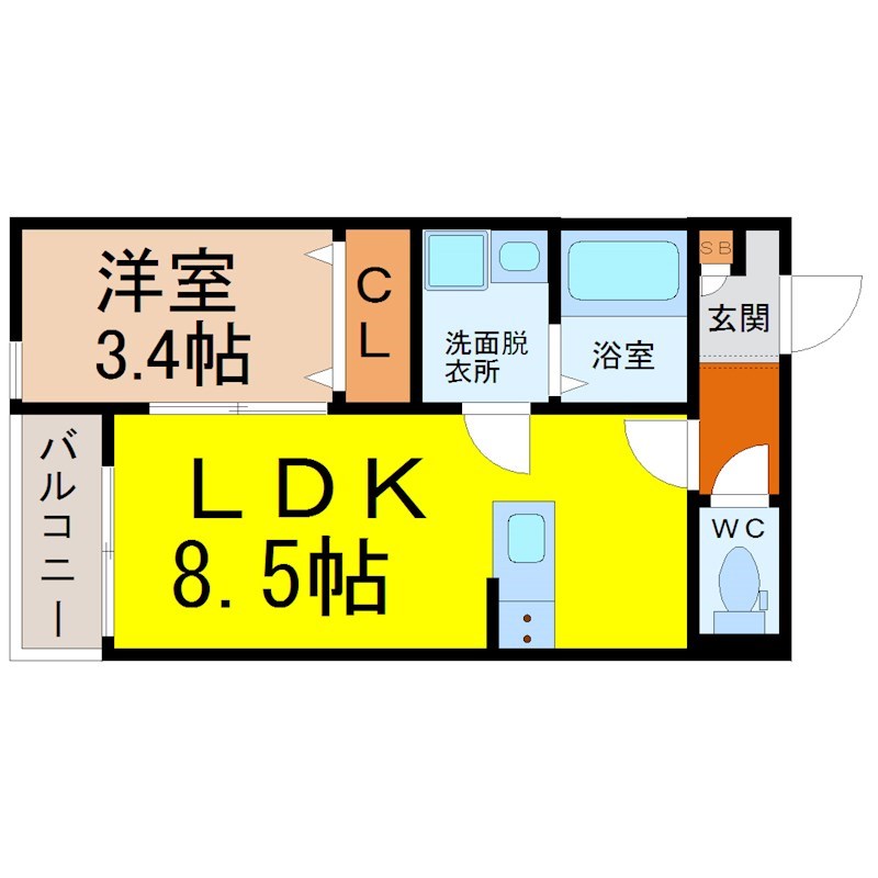 Ｂｒｏｏｋｌｙｎ　Ｌｉｆｅ（ブルックリンライフ） 間取り　ＬＤＫ8.5帖　洋室3.4帖　脱衣洗面所　バルコニー
