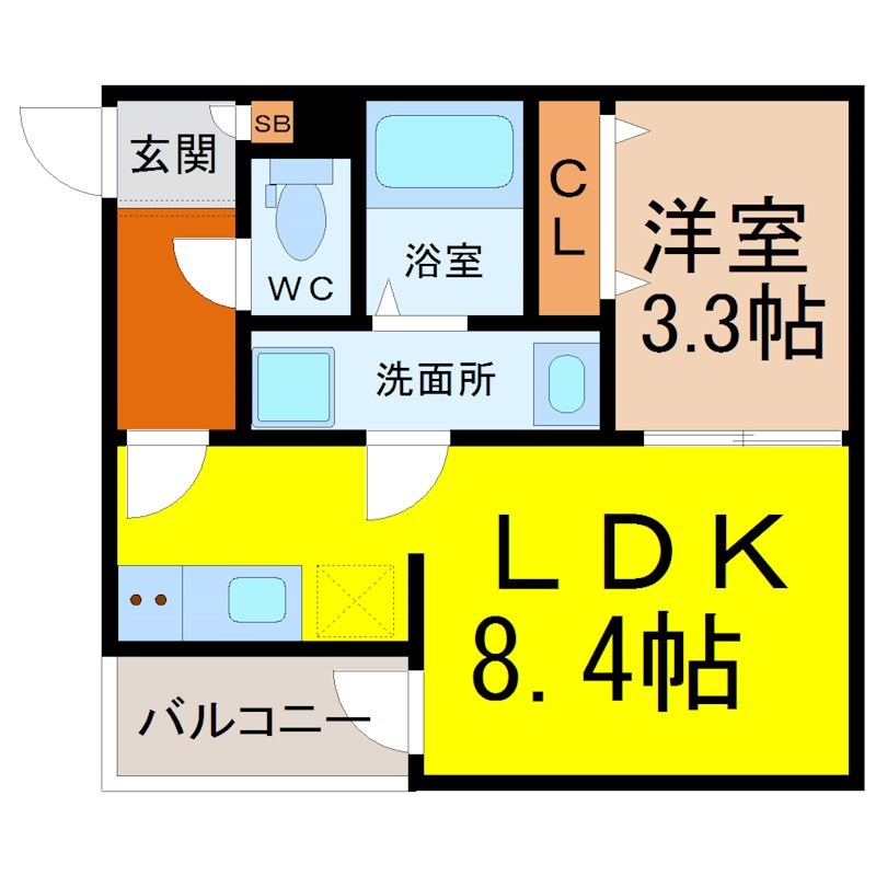 Ｂｒｏｏｋｌｙｎ　Ｌｉｆｅ（ブルックリンライフ） 間取り　ＬＤＫ8.5帖　洋室3.4帖　脱衣洗面所　バルコニー