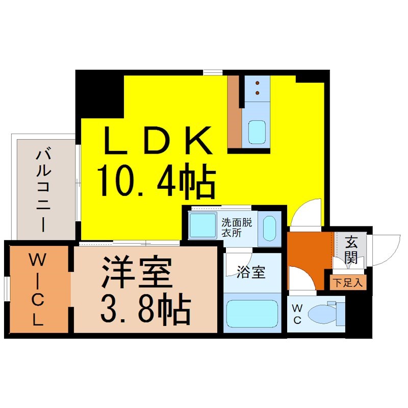 The 9th Residence Sakae Side 間取図　ＬＤＫ10.4帖　洋室3.8帖　脱衣洗面所