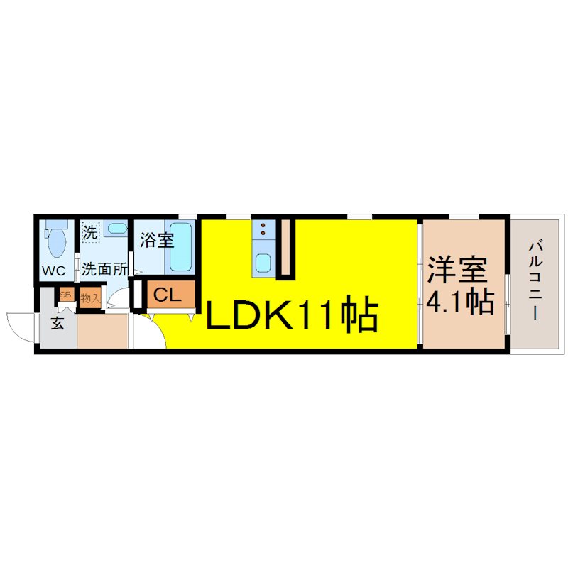 NAGOYA THE VILLA 間取図　ＬＤＫ11帖　洋室4.1帖　脱衣洗面所　バルコニー