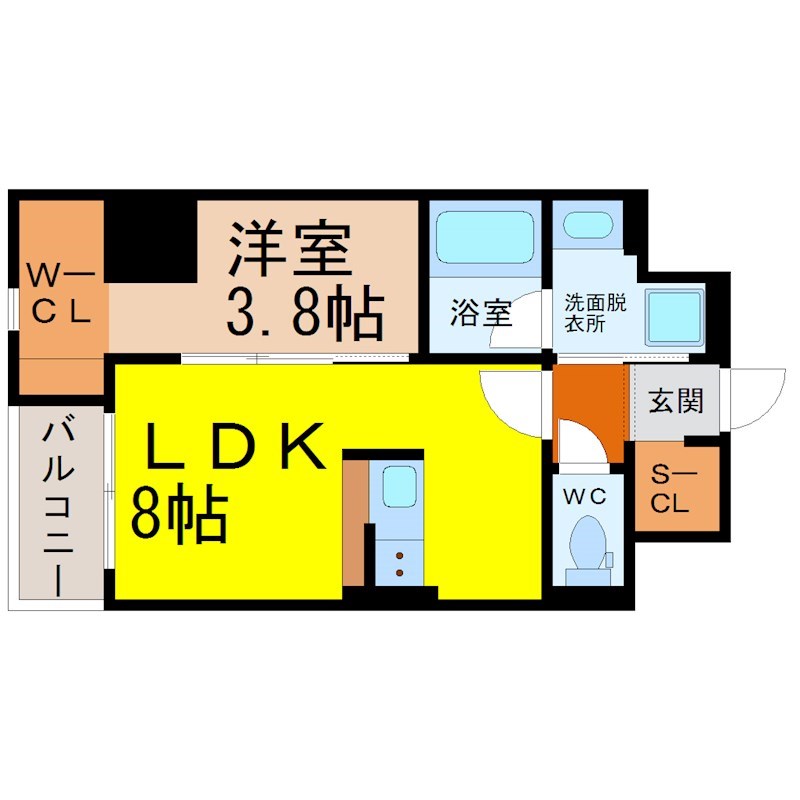 The 9th Residence Sakae Side 間取図　ＬＤＫ8帖　洋室3.8帖　脱衣洗面所
