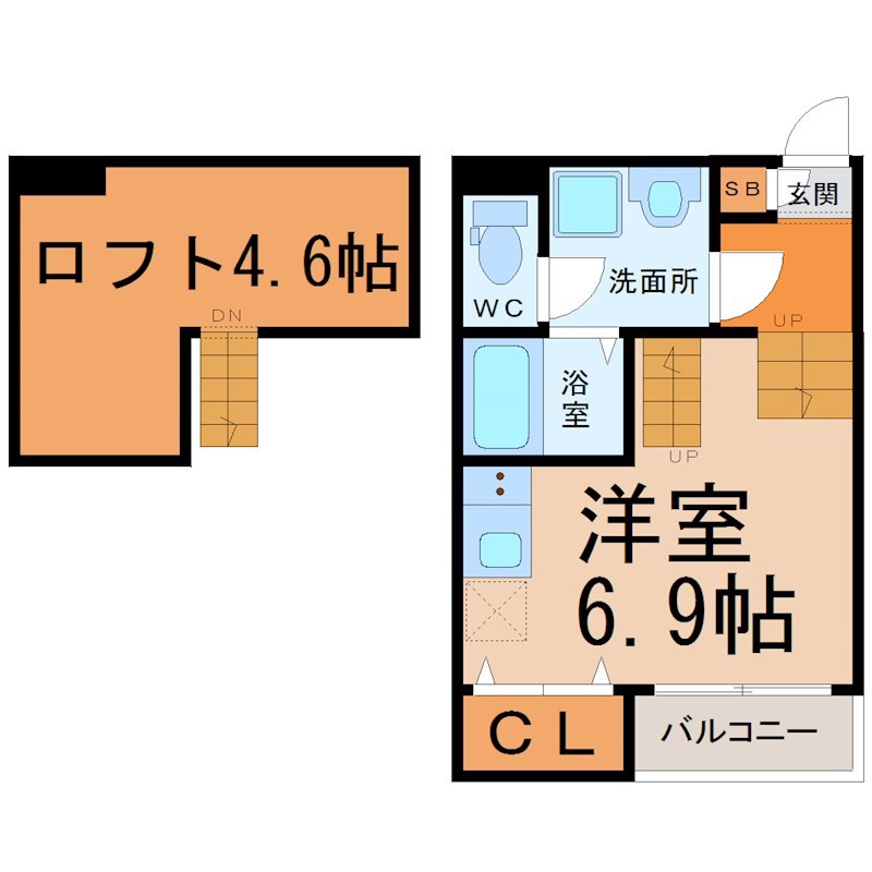 ｓｔａｇｅ鶴舞 間取図　洋室6.9帖　ロフト4.6帖　脱衣洗面所　バルコニー