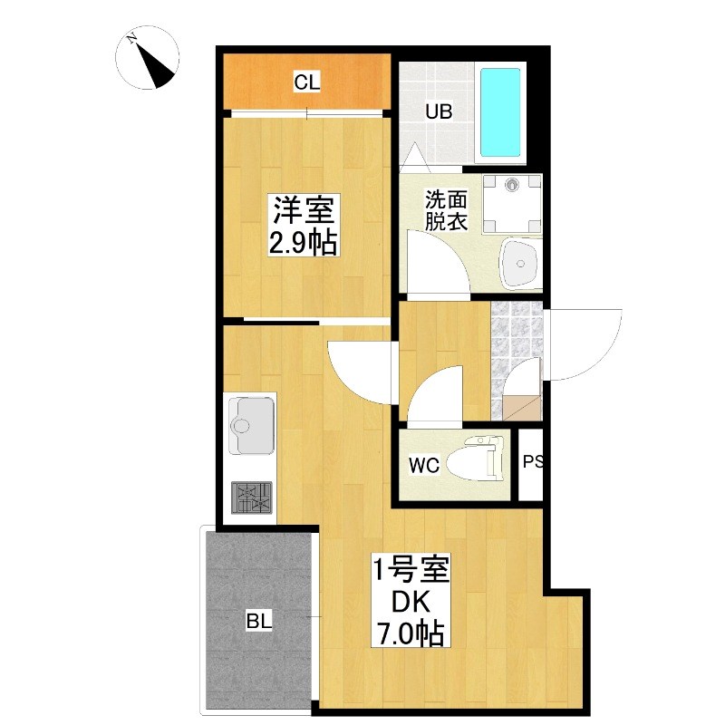 Ｒ－ＳＭＡＲＴ 新栄2 間取図　ＤＫ7帖　洋室2.9帖　脱衣洗面所　バルコニー