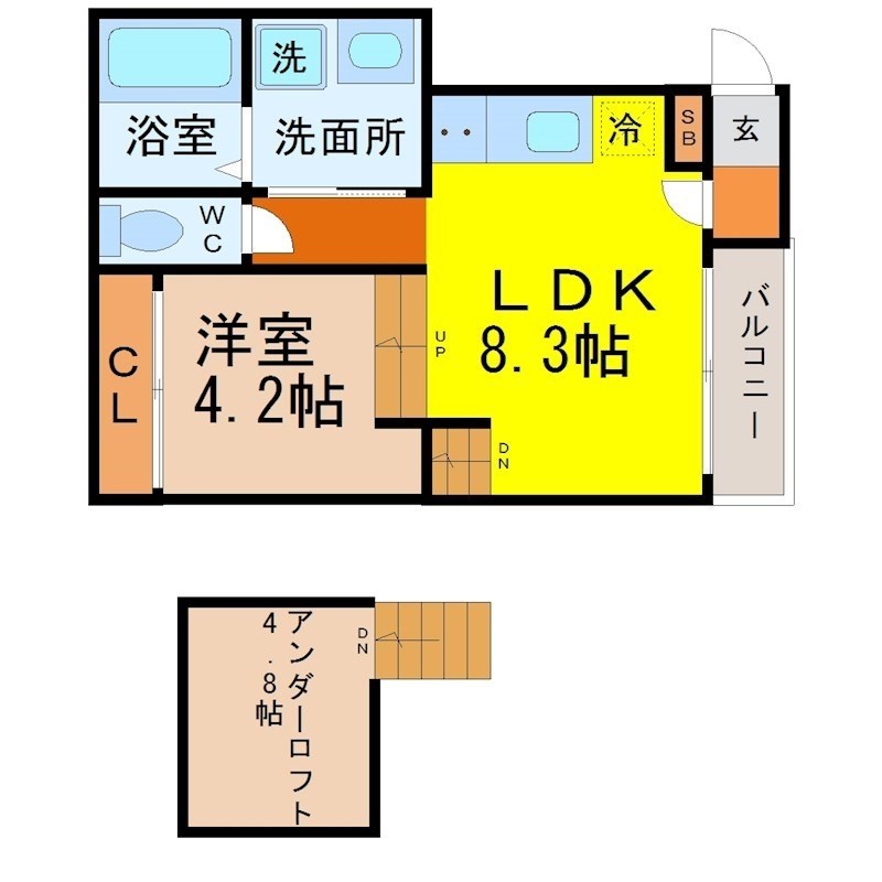 フランド本陣 間取図　ＬＤＫ8.3帖　洋室4.2帖　脱衣洗面所　バルコニー
