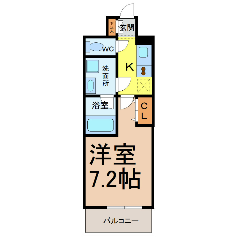 プライムアーバン泉 間取図　洋室7.2帖　脱衣洗面所　バルコニー