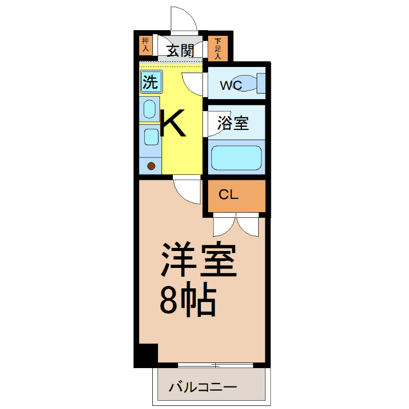 レージュ城西 間取図　洋室8帖　独立洗面台　バルコニー