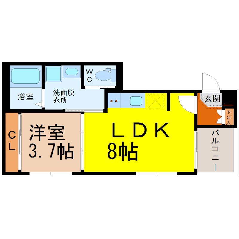 ハーモニーテラス山木II 間取図　ＬＤＫ8帖　洋室3.7帖　脱衣洗面所