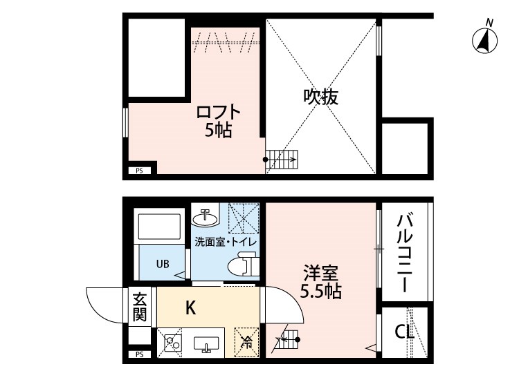 アソシエIII 間取図　洋室5.5帖　ロフト5帖　脱衣洗面所　バルコニー