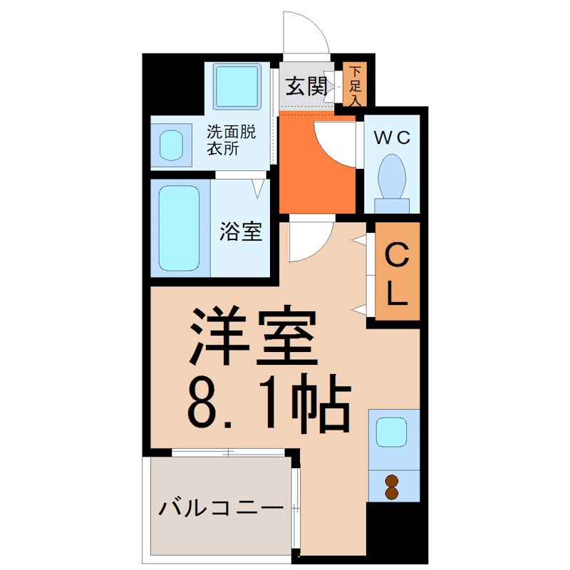 CITY SPIRE名古屋大須 間取図　洋室8.1帖　脱衣洗面所　クローゼット付　バルコニー