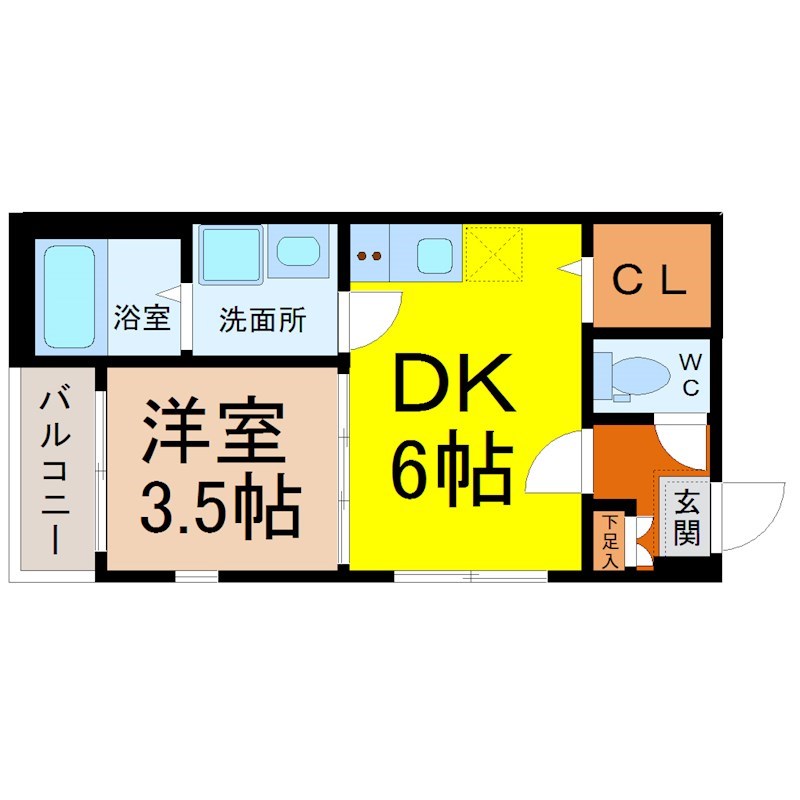 ハーモニーテラス露橋Ⅲ 間取図　ＤＫ6帖　洋室3.5帖　脱衣洗面所　バルコニー