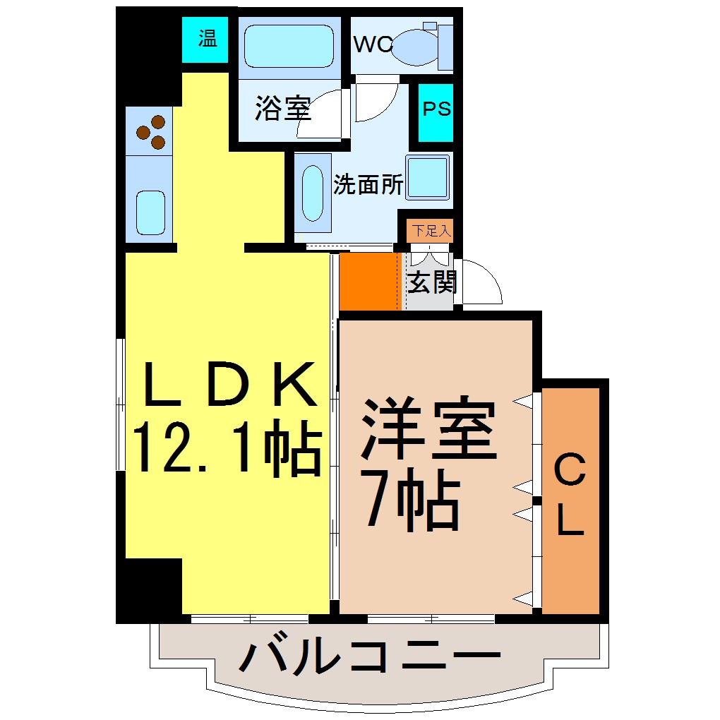 フローラル今池 間取図　ＬＤＫ12.1帖　洋室7帖　脱衣洗面所　バルコニー