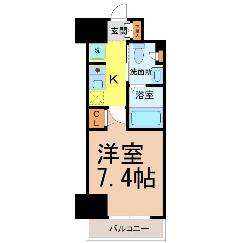 パークアクシス丸の内 間取図　洋室7.4帖　脱衣洗面所　バルコニー