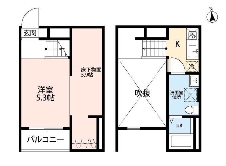 ディグルＴＲＳＭ 間取図　洋室5.3帖　アンダーロフト5.9帖　脱衣洗面所