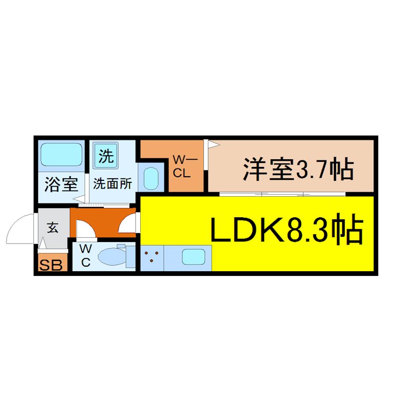 コムジュスイ 間取図　LDK8.3帖　洋室3.7帖