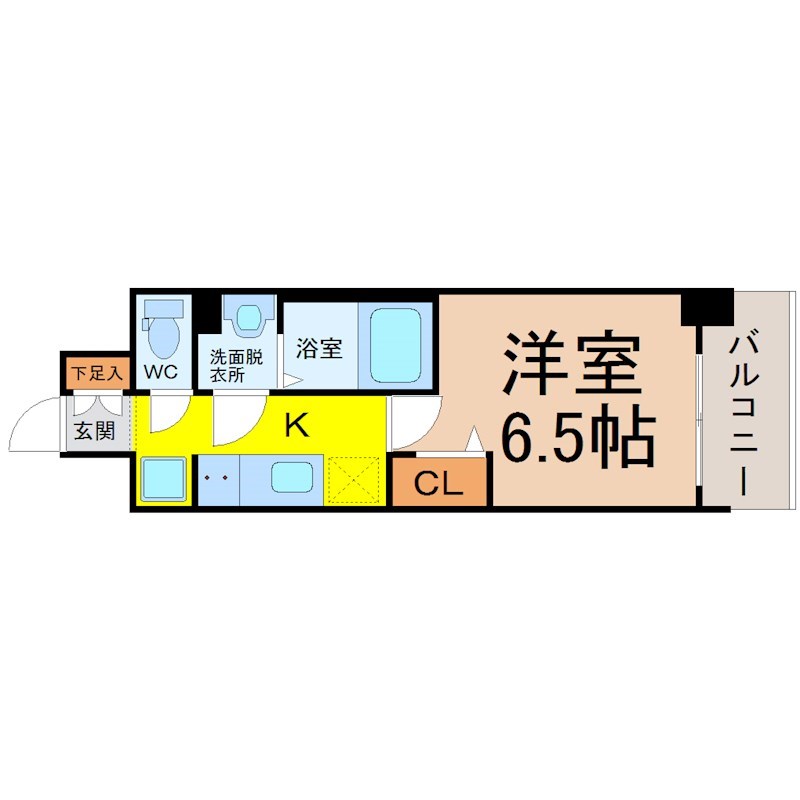 プレサンス伏見アーバンベース 間取図　洋室6.5帖　脱衣洗面所　バルコニー