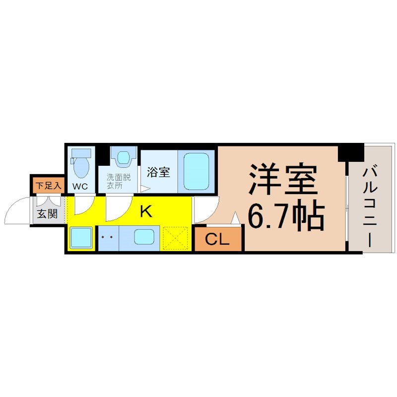 プレサンス伏見アーバンベース 間取図　洋室6.7帖　脱衣洗面所　バルコニー