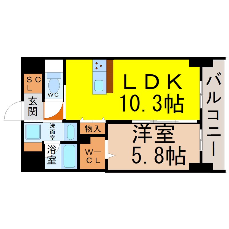 ステーションウエストタワー 間取図　ＬＤＫ10.3帖　洋室5.8帖　脱衣洗面所　バルコニー