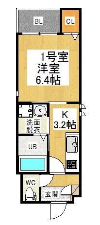ＧＲＡＮＤＴＩＣ月島  間取図　洋室6.4帖　脱衣洗面所　バルコニー