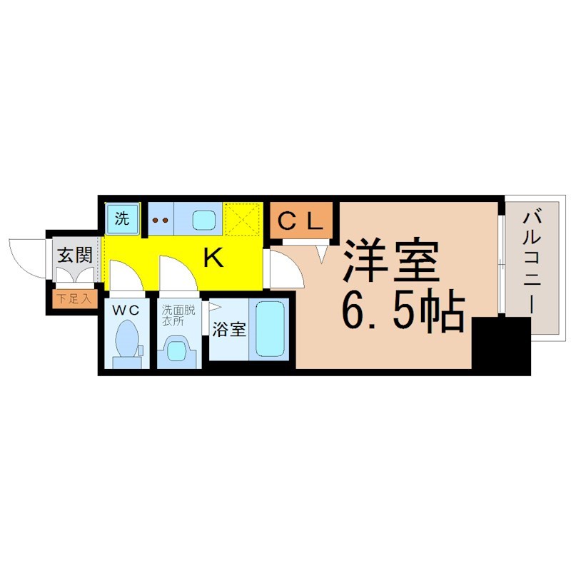 ディアレイシャス矢場町 間取り　洋室6.5帖　脱衣洗面所　バルコニー
