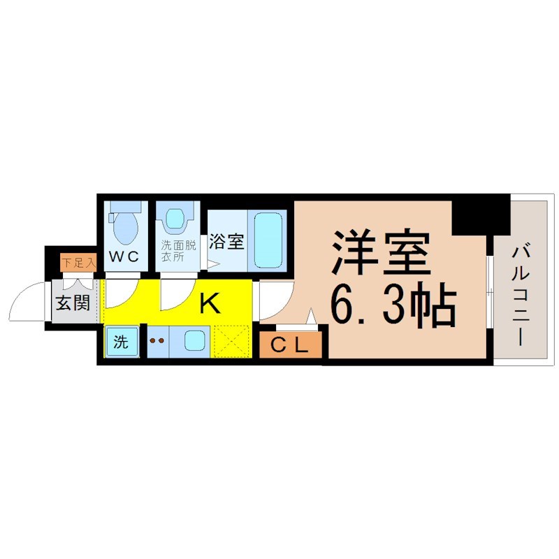 ディアレイシャス矢場町 間取り　洋室6.3帖　脱衣洗面所　バルコニー