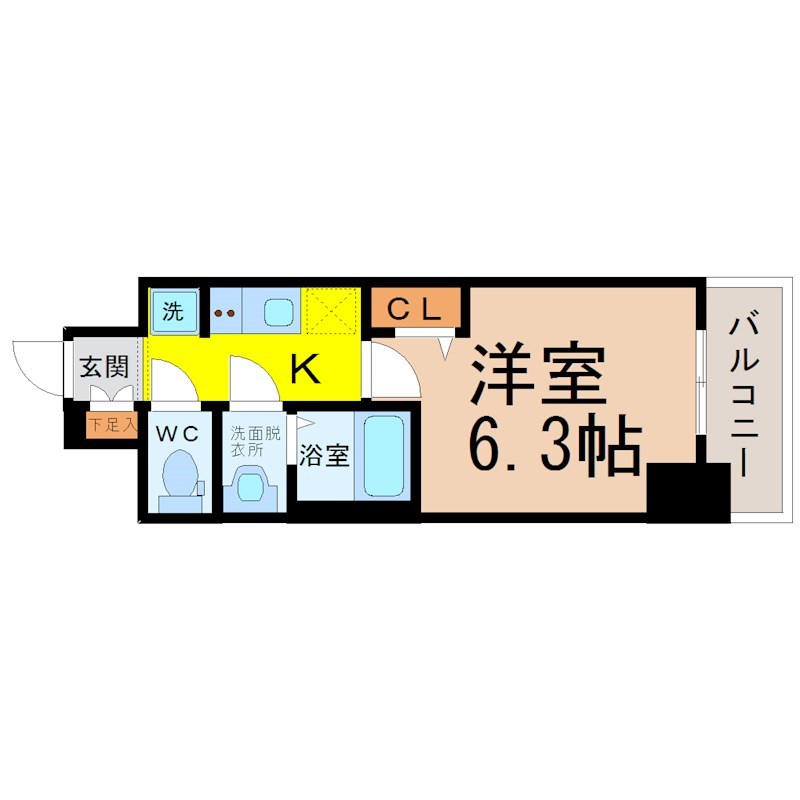 ディアレイシャス矢場町 間取り　洋室6.3帖　脱衣洗面所　バルコニー