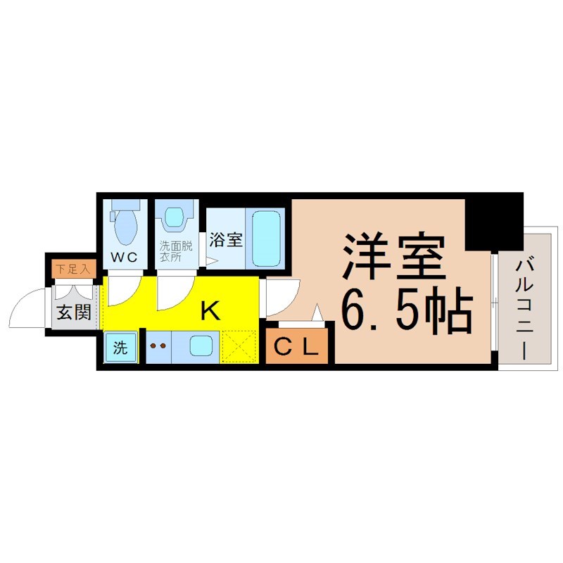 ディアレイシャス矢場町 間取り　洋室6.5帖　脱衣洗面所　バルコニー