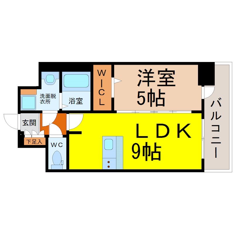ディアレイシャス矢場町 間取り　ＬＤＫ9帖　洋室5帖　脱衣洗面所　バルコニー