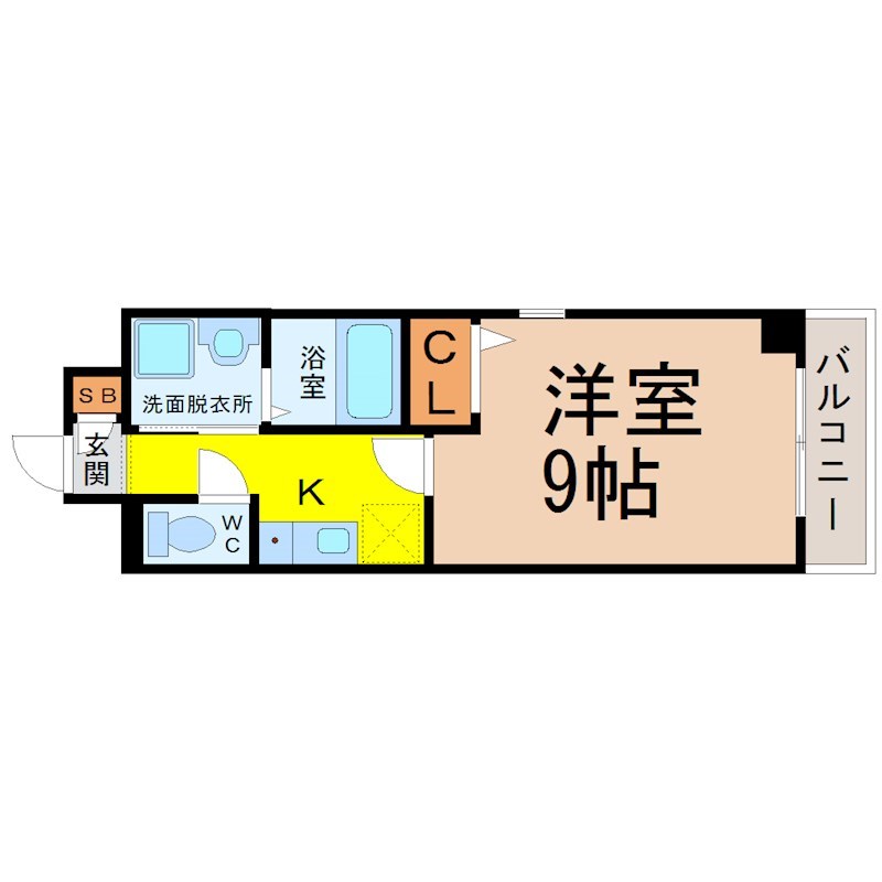 ビルセーヌＭ＆Ｋ 間取図　洋室9帖　脱衣洗面所　南面バルコニー