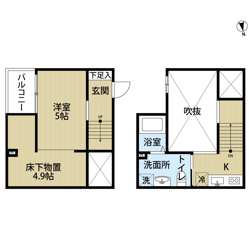 ＬｕｖＳｔｙｌｅ新守牧（ラヴスタイル新守牧） 間取図　洋室5帖　アンダーロフト4.9帖　脱衣洗面所