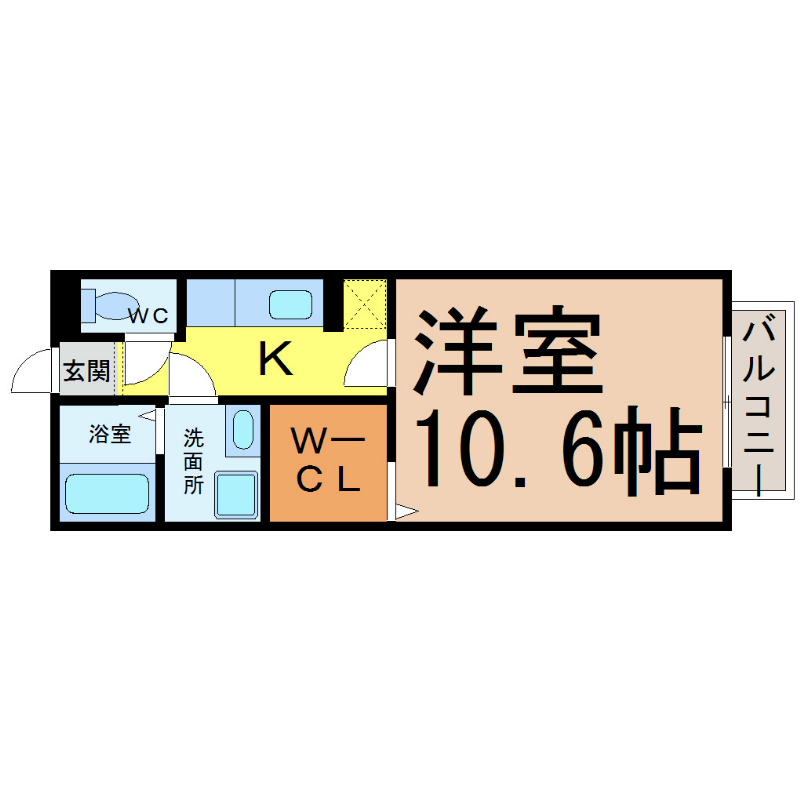 プレステージ中村公園 間取図　洋室10.6帖　洗面所　南面バルコニー