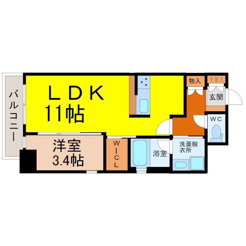 スリーアイランドタワー金山 間取図　ＬＤＫ11帖　洋室3.4帖　脱衣洗面所