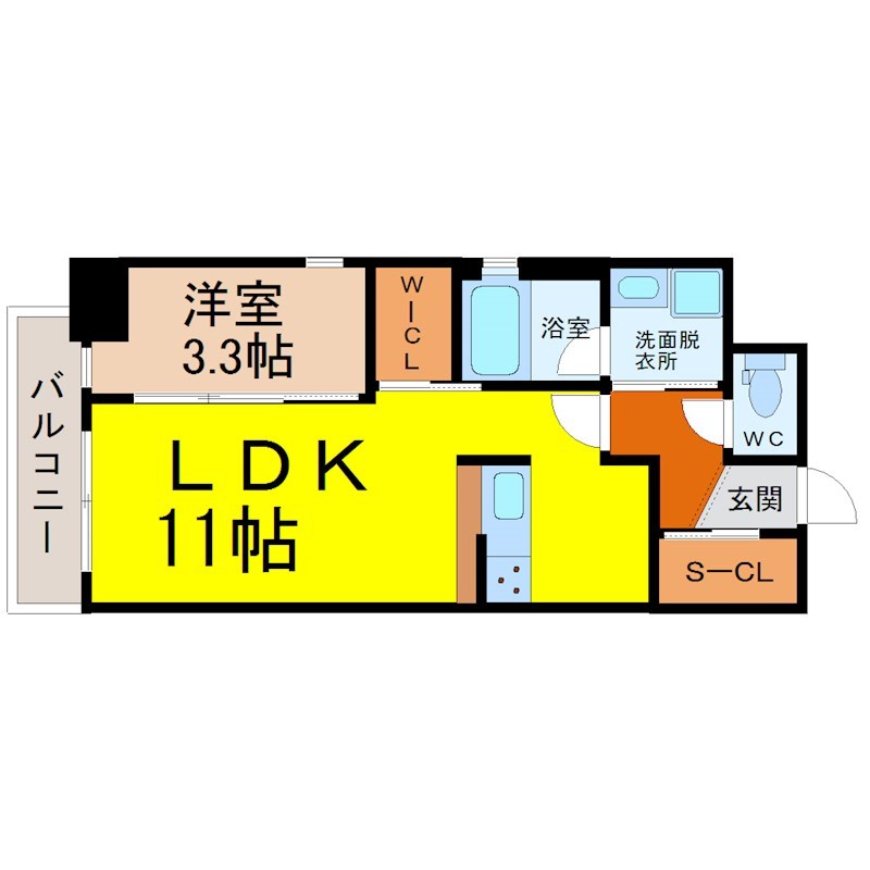 スリーアイランドタワー金山 間取図　ＬＤＫ11帖　洋室3.3帖　脱衣洗面所