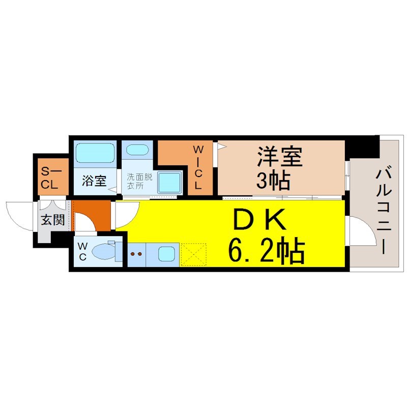 エステムコート名古屋セントリア 間取図　ＤＫ6.2帖　洋室3帖　脱衣洗面所　バルコニー