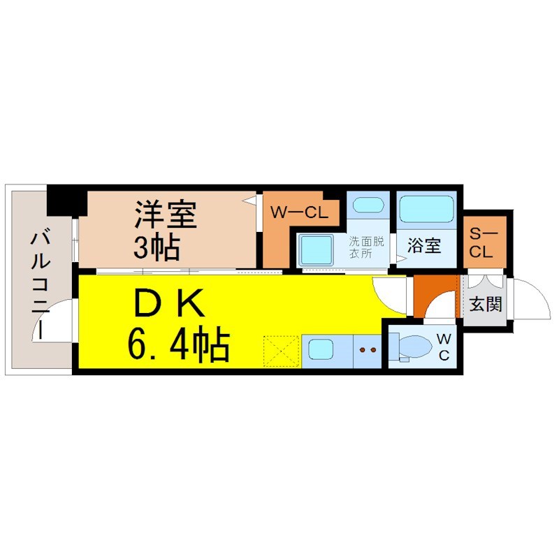 エステムコート名古屋サウスネクスト 間取図　ＤＫ6.4帖　洋室3帖　脱衣洗面所　バルコニー