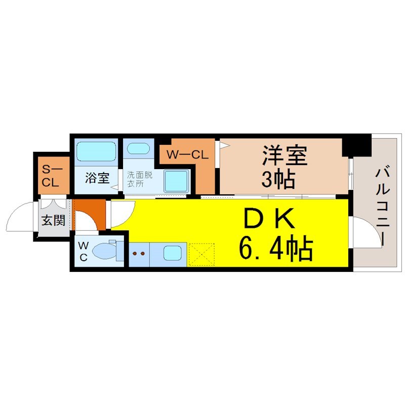 エステムコート名古屋サウスネクスト 間取図　ＤＫ6.4帖　洋室3帖　脱衣洗面所　バルコニー