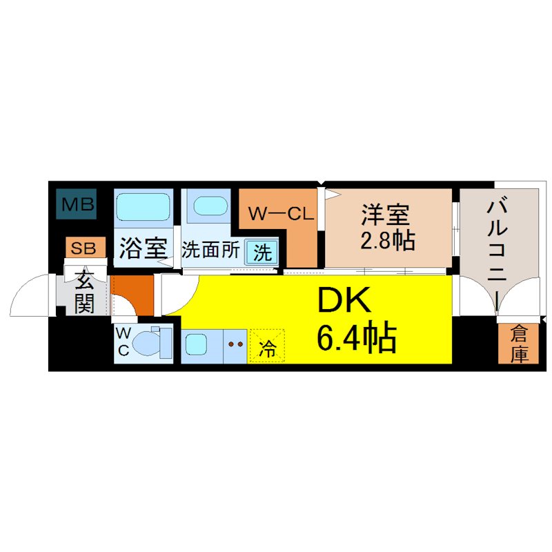 エステムコート名古屋ルノン 間取図　ＤＫ6.4帖　洋室2.8帖　脱衣洗面所　バルコニー