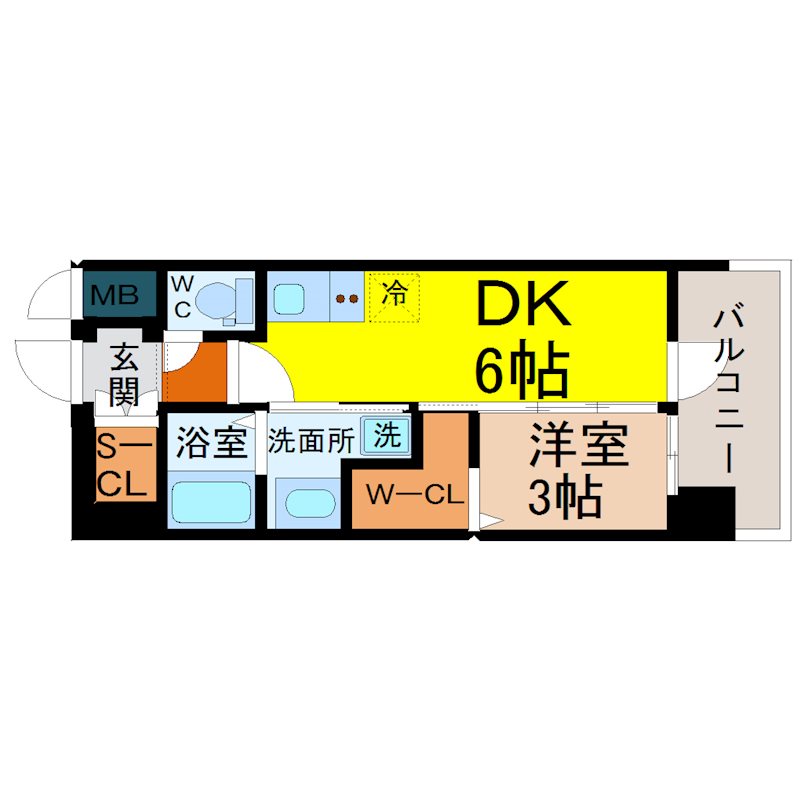 エステムコート名古屋ルノン 間取図　ＤＫ6.0帖　洋室3.0帖　脱衣洗面所　バルコニー