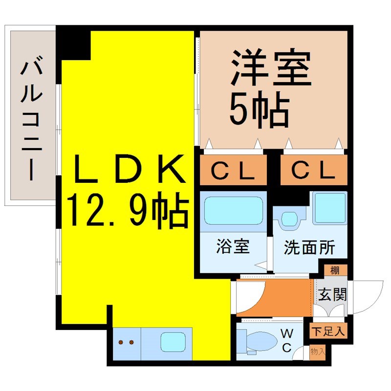 ＲＩＶＯ瑞穂通 間取図　ＬＤＫ12.9帖　洋室5帖　脱衣洗面所　バルコニー