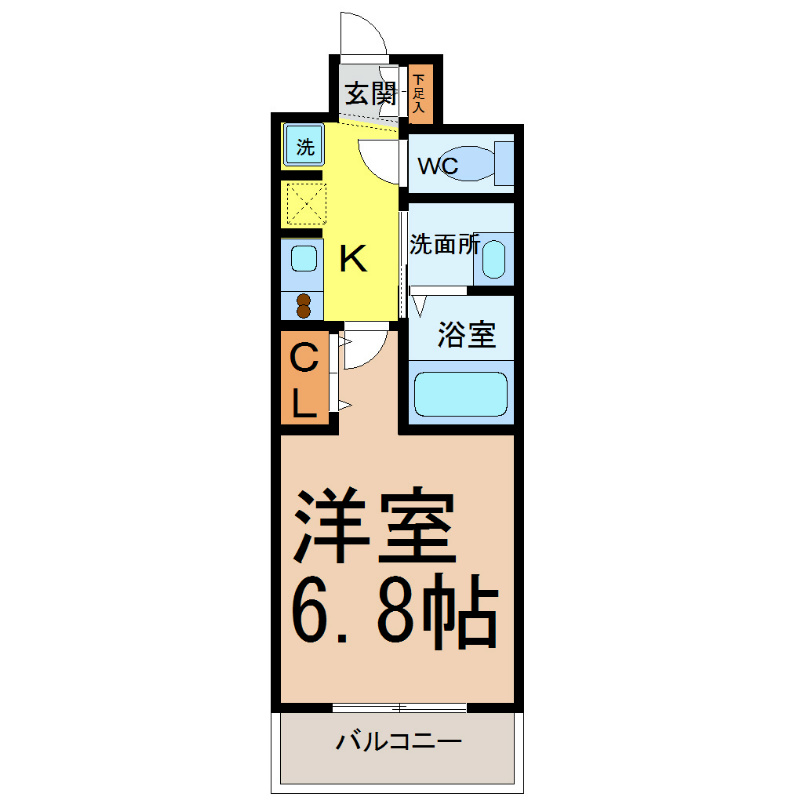 インプルーブ鶴舞 間取図　洋室6.8帖　脱衣洗面所　南面バルコニー