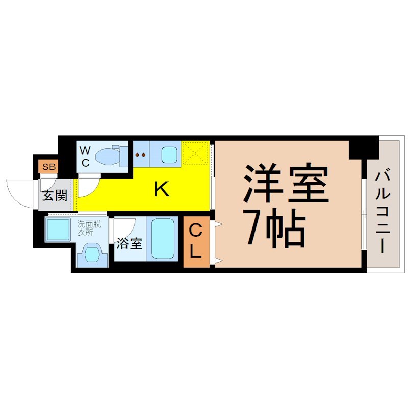 ヴィークブライト名古屋東別院II 間取図　洋室7帖　脱衣洗面所　クローゼット付　バルコニー