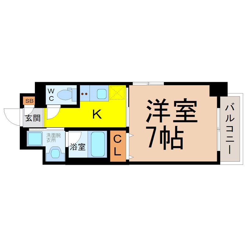 ヴィークブライト名古屋東別院II 間取図　洋室7帖　脱衣洗面所　クローゼット付　バルコニー
