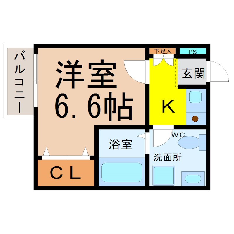 アメニティハイツＮＡＧＯＹＡ 間取図　洋室6.6帖　脱衣所　バルコニー