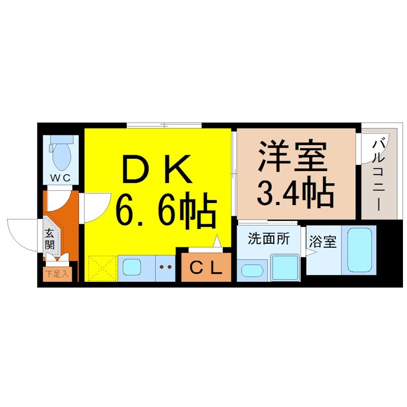（仮称）天白区野並一丁目新築アパート 間取図　ＤＫ6.6帖　洋室3.4帖　脱衣洗面所　バルコニー