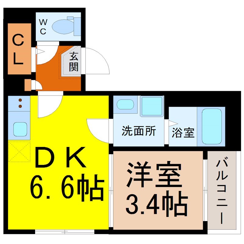 （仮称）天白区野並一丁目新築アパート 間取図　ＤＫ6.6帖　洋室3.4帖　脱衣洗面所　バルコニー