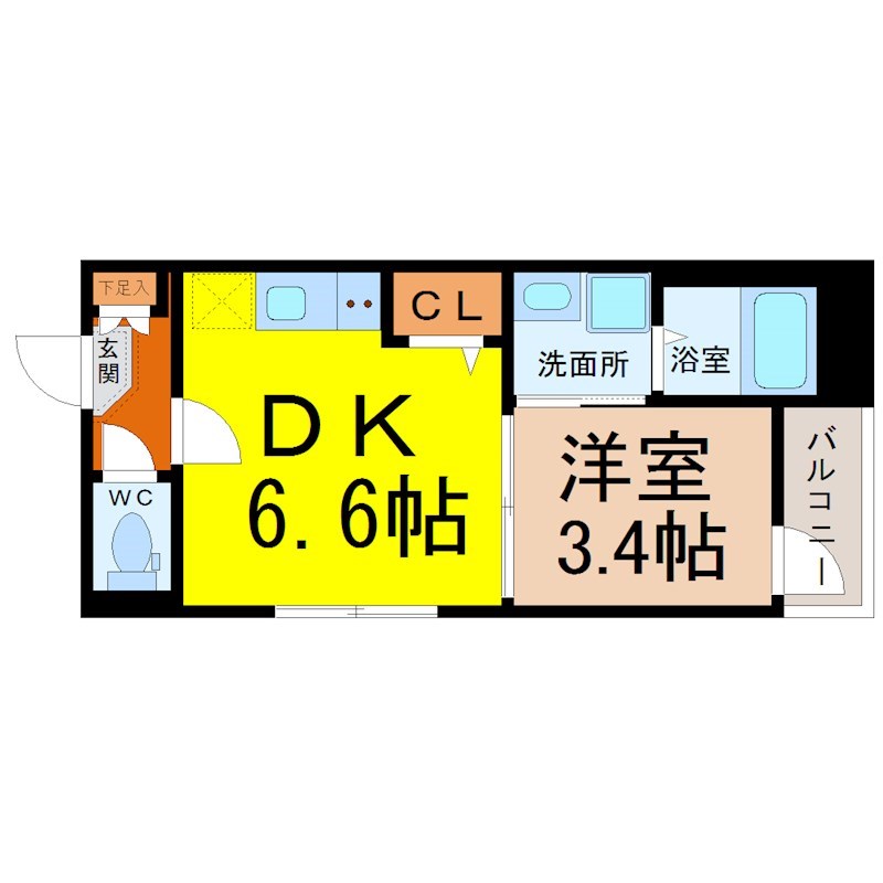 （仮称）天白区野並一丁目新築アパート 間取図　ＤＫ6.6帖　洋室3.4帖　脱衣洗面所　バルコニー