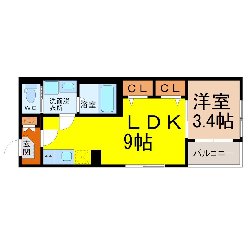 Ｓａｎ Ｓｉｒｏ 中村公園（サンシーロ中村公園） 間取図　ＬＤＫ9帖　洋室3.4帖　脱衣洗面所　バルコニー