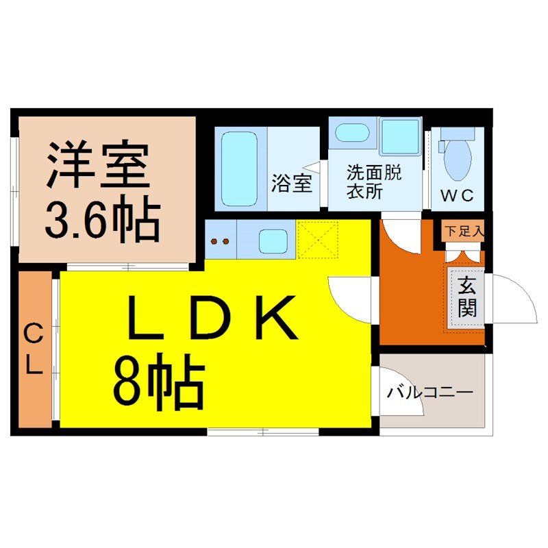 Ｓａｎ Ｓｉｒｏ 中村公園（サンシーロ中村公園） 間取図　ＬＤＫ8帖　洋室3.6帖　脱衣洗面所　バルコニー
